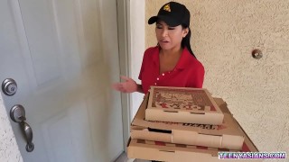 jay romero and rion king wants some pizza and ember snow delivered it fresh and hot with an extra threesome service.