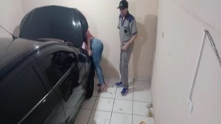 With her big tits bouncing as she worked, Janice fixed her eyes on my cock as I watched her grease my exhaust