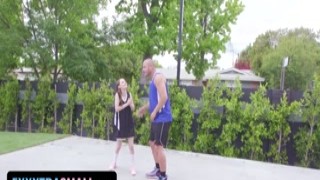 The hot babe with a natural hairy pussy was walking down the hallway when she saw her basketball coach