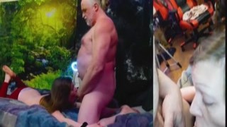 This horny brunette wife is down on her knees with a hardcore big cock in her mouth, giving a sloppy deepthroat blowjob with two cameras recording every inch