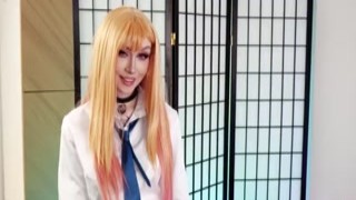 Marin Kitagawas huge tits were glistening with sweat as she teased Gojo with her nipples, playing with them as he stared in awe