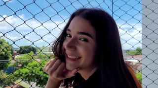 Adorable teen with small tits Anna Mae swallows big dick in the garden