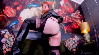 Red XXX masturbates in thigh high leather boots