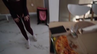 The pizza girl gobbled up my delicious pie like a hungry slut and then begged to deepthroat my fat cock right there in the kitchen