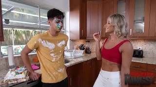 Exotic milf Persia Pele in sexy red outfit offers head by the bar