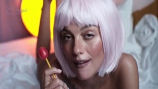 Owl Crystal - OF - Skinny Girl With Pink Hair Sucks a Lollipop and Gets Cum on Her Tits