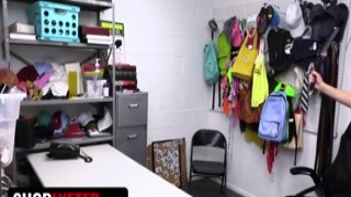 The security guards cock throbbed as he watched the stunning blonde rub her tits together and slide down his zipper, pulling his rock-hard dick out