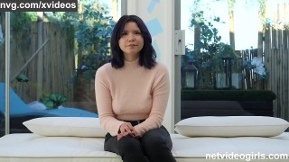 Randy light haired chick licks the spheres and shows her boobs