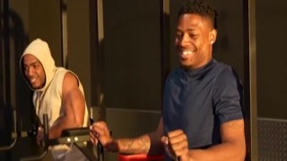 Kay Carters slutty pussy was leaking all over the weight bench as she spread her legs wide to accommodate the massive cocks of two huge, black studs