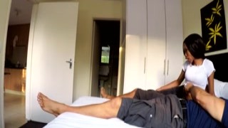 The beautiful, skinny ebony model was blessed with a delicious facial after having her hot pussy properly stretched