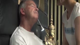 With a naughty twinkle in her eyes, the slutty blonde bends over her grandpas big cock and begs him to fuck her tight teen pussy