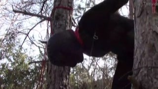 Shes all tied up to that old oak tree, wearing nothing but her pantyhose, high ankle boots, and a pair of lacy black heels