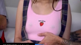 Horny stepbrother Donnie got home from school and saw his little sister Honey playing a game on her computer