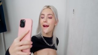 Eva Elfie - Teen Slut got a Huge Cumshot on her Face through the Glory Hole