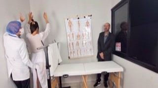 The cuckold groom couldnt contain his excitement as he eagerly escorted his hot, busty wife to the gynecologist