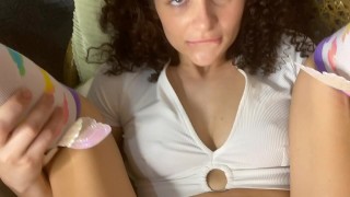 Skinny redhead Brooke Skye pleases her gf before the mirror