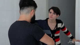 A huge plastic vibrator sticked in her damp pussy is switched by an actual large penis