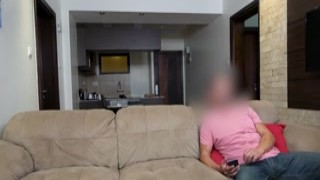 Sexy black girlfriend fucked by white stud with her red dress on CFNM