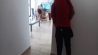  While my husband played on the couch, his dad fucked me hard in the corner of the living room